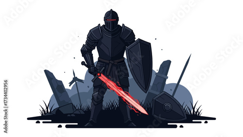Knight Ready for Battle: A formidable knight, clad in polished armor and gripping a luminous sword, stands resolute amidst the remnants of conflict, a symbol of courage and defense.