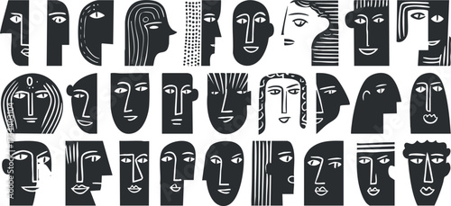 A collection of abstract black and white faces showcasing various expressions and styles..