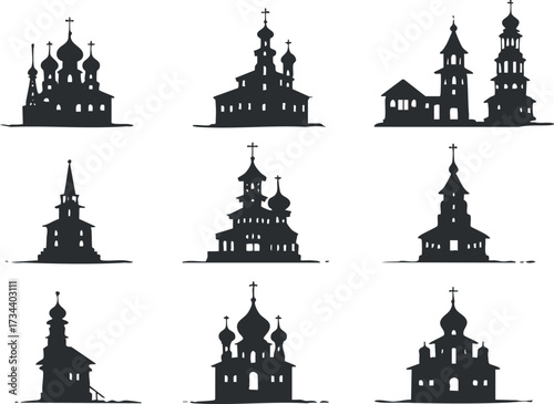 A collection of artistic silhouettes of various church buildings showcasing unique architectural styles..