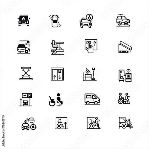 Wheelchair Lift for Car Icon Set | Accessible Vehicle, Mobility Ramp, Inclusive Transportation, Minimal Outline Vector