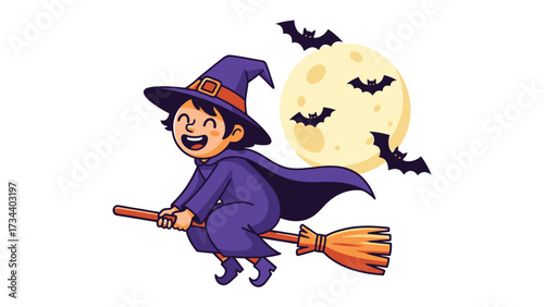 Witch's Halloween Flight: A cheerful witch, clad in a classic purple outfit, soars through the night sky on her broomstick under the watchful eyes of the full moon, accompanied by playful bats.