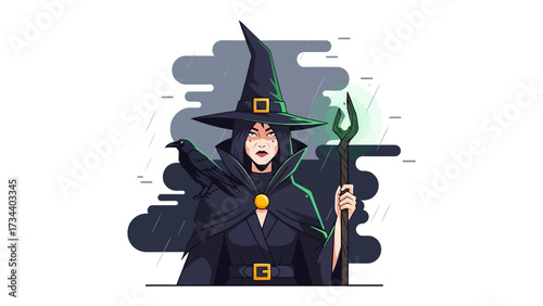 Mysterious Witch: A mystical witch, adorned in a pointed hat and cloak, stands against a dark backdrop. With a raven perched on her shoulder, she wields a glowing staff.