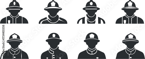 Illustration of various police officer silhouettes in different uniforms and headgear styles.