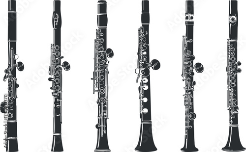 A collection of various types of clarinets displayed in a stylish black and white design..