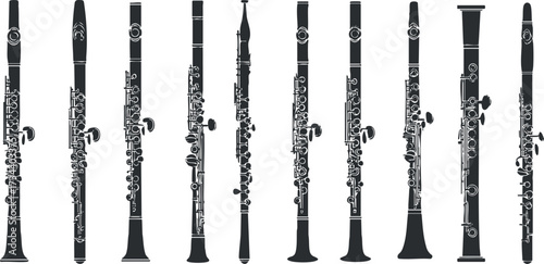A collection of various clarinets showcasing different styles and designs for music enthusiasts..