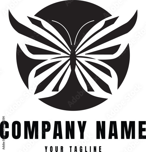 A striking and symmetrical black and white vector logo of a butterfly or moth, featuring highly stylized, segmented wings with dynamic white lines, all set within a solid black circular emblem