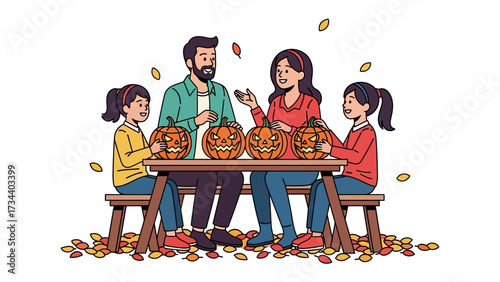 Halloween Carving Family: A family gathers around a table, intricately carving Halloween pumpkins, celebrating the festive season in a joyous display of togetherness and artistic creativity.