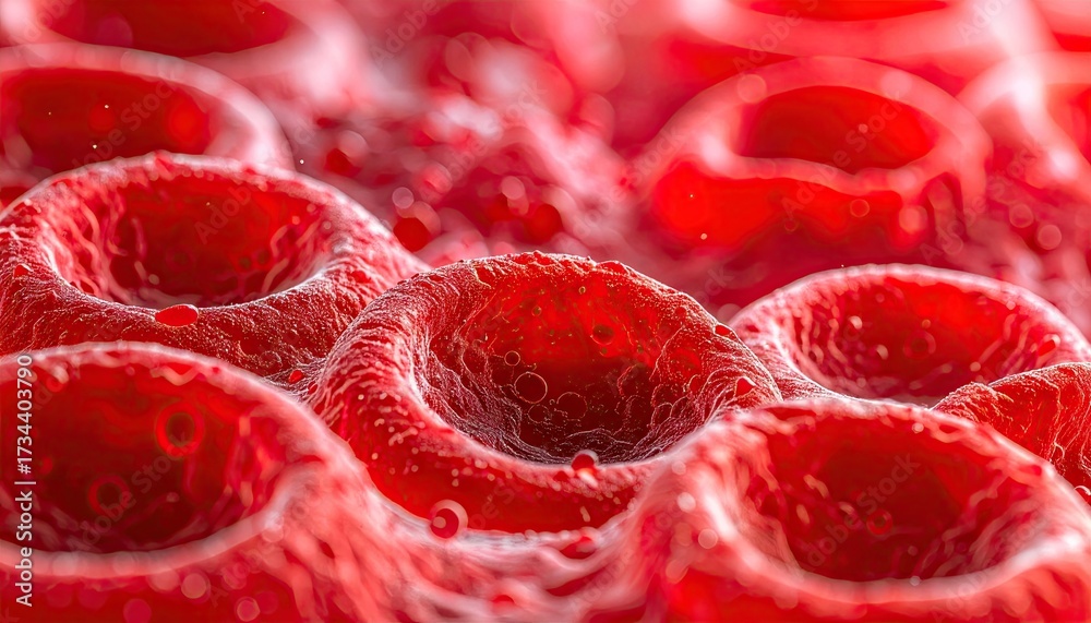 Fototapeta premium Close Up of Red Blood Cells Microscopic View Floating in Plasma for Scientific Medical Study Macro Photography