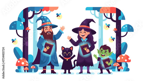 Whimsical Gathering: A whimsical scene unfolds featuring a friendly wizard, a charming witch, and a mischievous goblin. A playful black cat rounds out this enchanted ensemble.