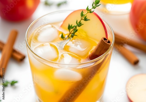 Refreshing apple cider cocktail with cinnamon stick and thyme garnish