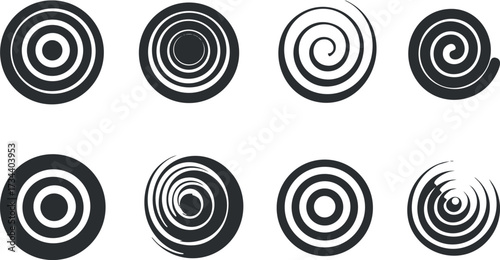 A collection of eight unique spiral and swirl designs in black and white..