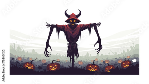 Spooky Halloween scene: A spine-chilling Halloween scene unfolds, featuring a menacing scarecrow guarding a pumpkin patch under a misty, eerie sky. 