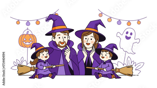 Happy Halloween: A family in spooky Halloween costume smiling together and broomsticks, festive pumpkin. 
