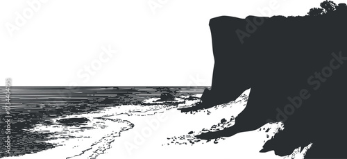 Black and white illustration of a cliff overlooking the ocean and shoreline..