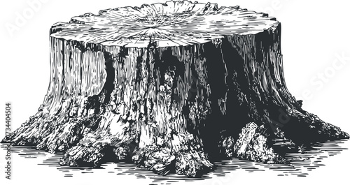 A detailed black and white illustration of a tree stump showcasing natural wood texture and rings..