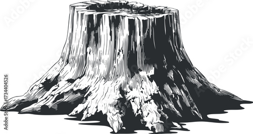 Black and white illustration of a tree stump showcasing detailed texture and natural beauty..