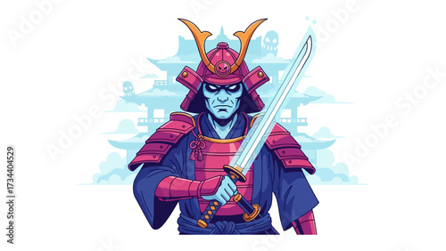 Warrior's Stance: A stylized illustration depicts a stoic samurai warrior, clad in ornate armor and holding a gleaming katana, set against a backdrop of traditional Japanese architecture.