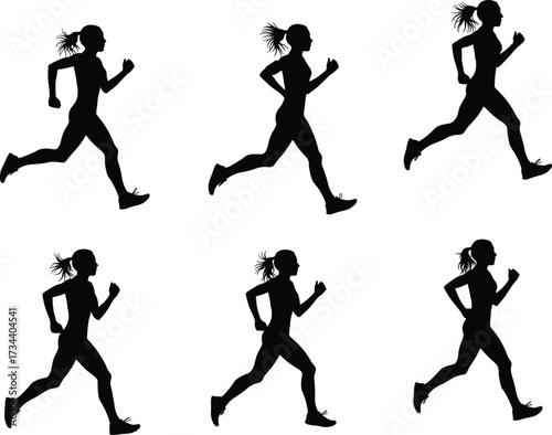 Silhouette of women running in motion, fitness activity, jogging exercise, healthy lifestyle, workout training, outdoor sport, athlete, speed, strength, endurance