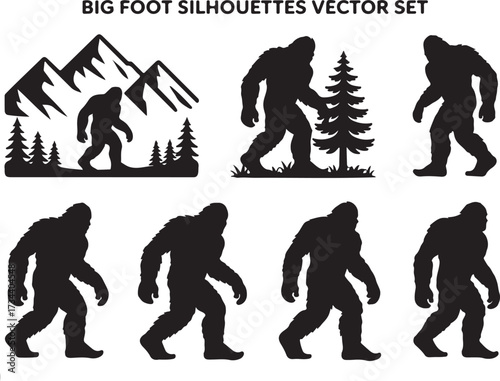Bigfoot Silhouette Walking in Forest Cryptid Vector Illustration.