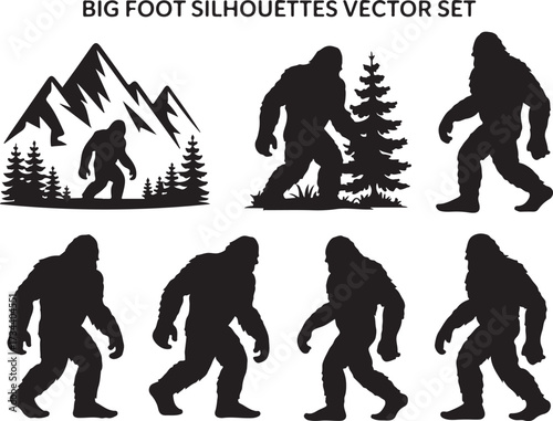 Bigfoot Silhouette Walking in Forest Cryptid Vector Illustration.