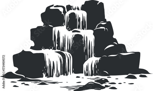 A beautiful illustration of a cascading waterfall flowing over rocky terrain in nature..