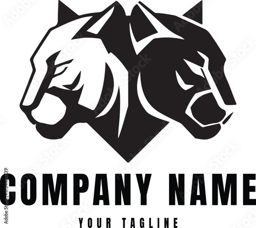 A bold and symmetrical black and white vector logo featuring two opposing panther or cougar heads connected back-to-back, rendered in a sharp, modern geometric style.