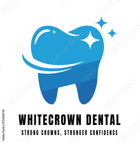 A bright, modern dental logo shows a sparkling blue tooth with a sweeping white curve, symbolizing clean, fresh, and healthy teeth.