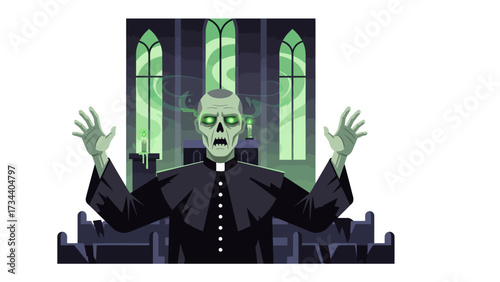 Reverend's Awakening: An ominous illustrated scene shows a spectral reverend, his eyes glowing, in a dimly lit church with haunting details, evokes mystery and the supernatural.