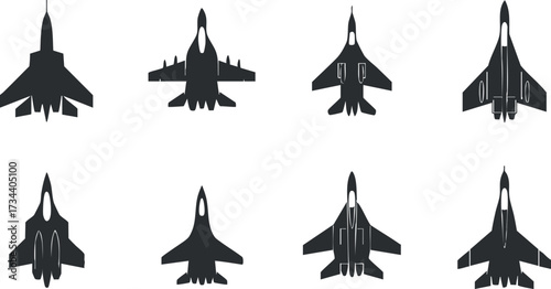 Collection of silhouette jet aircraft in various positions showcasing military aviation designs..