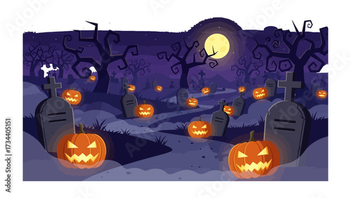 Spooky Halloween Night: A whimsical scene unfolds, where a pumpkin patch lights up a mysterious path, with jack-o'-lanterns and tombstones in a moonlit graveyard.