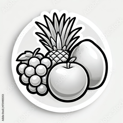 Fruit sticker icon, black and white, representing healthy eating and fresh produce with copy space