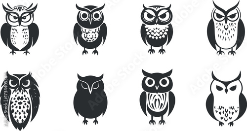 A collection of black and white owl illustrations showcasing various styles and expressions..