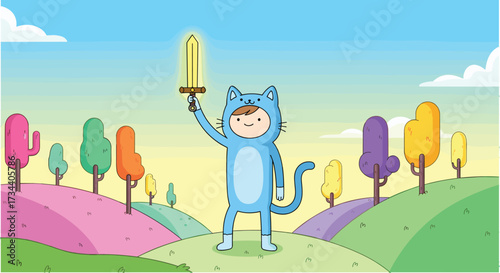 Cartoon Character in Cat Costume Holding Glowing Sword in Fantasy Landscape
