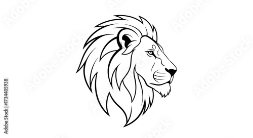 Illustration of a lion's head in profile, featuring a detailed mane and facial features, rendered in a clean, black and white style.