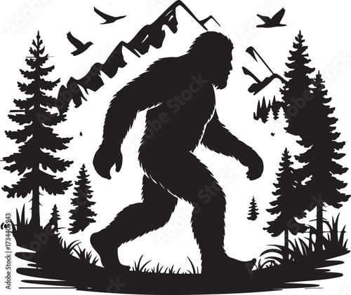 Bigfoot Silhouette Walking in Forest Cryptid Vector Illustration.
