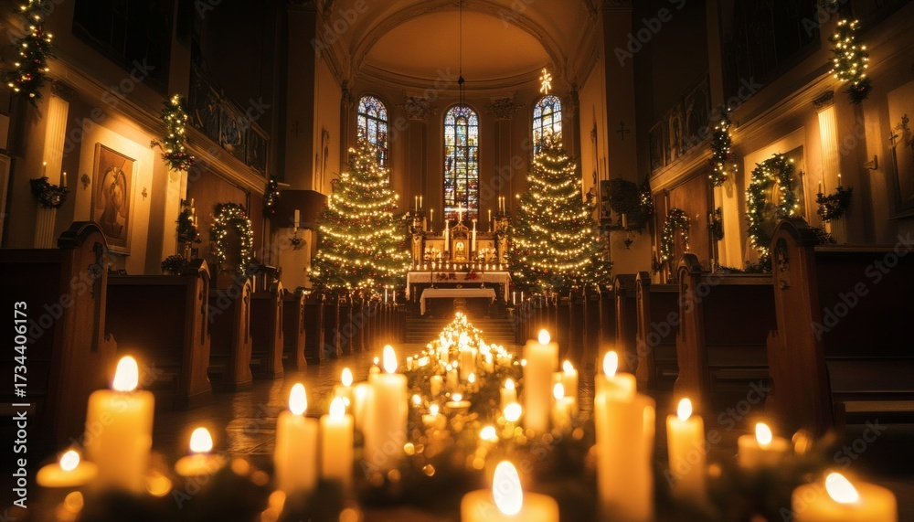 Fototapeta premium The photograph shows the inside of a church decorated for Christmas, including two decorated Christmas trees and numerous lit candles lining the aisle.