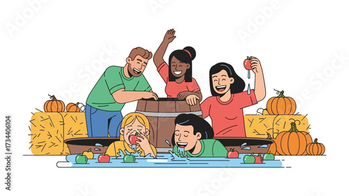 Joyful Apple Bobbing: A joyful gathering of people participating in the tradition of apple bobbing, surrounded by autumn pumpkins and hay bales.