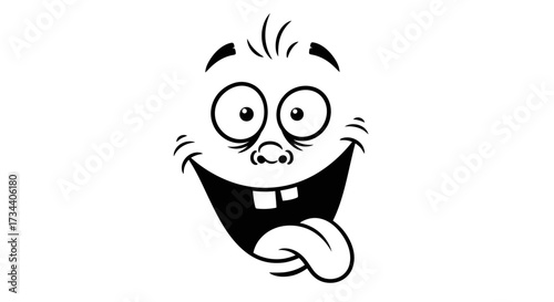 A cartoon face showing a wide grin, eyes wide open, and tongue sticking out.