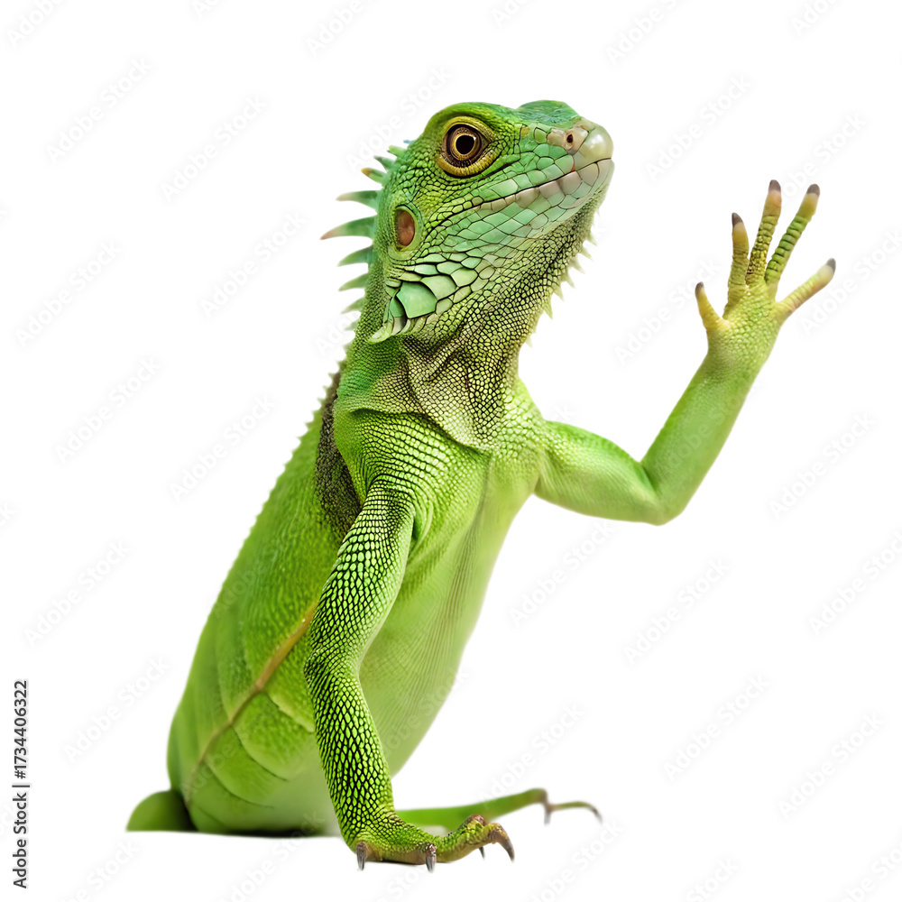 Fototapeta premium A green iguana with its arm raised isolated on a black background looking up and to the right side