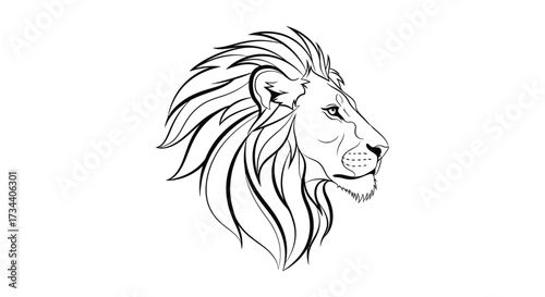 Line drawing of a lion's head in profile, showing its mane, ear, and facial features against a white background.