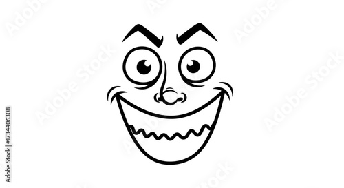 Cartoon face with a wide, toothy grin, furrowed brows, and exaggerated features, isolated on a white background.