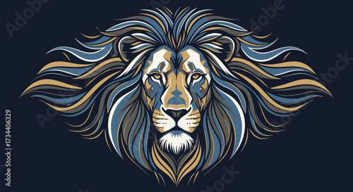 A stylized lion head illustration with a majestic mane in shades of blue, gold, and white on a dark background.