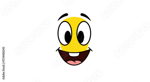 Cartoon face with wide eyes, big smile, and yellow skin, isolated on white.