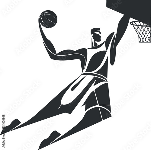 A dynamic silhouette of a basketball player performing a jump dunk during a game..
