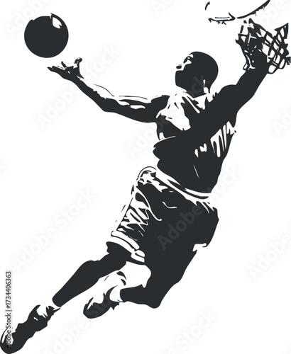 Silhouette of a basketball player performing a dynamic dunk during a game..