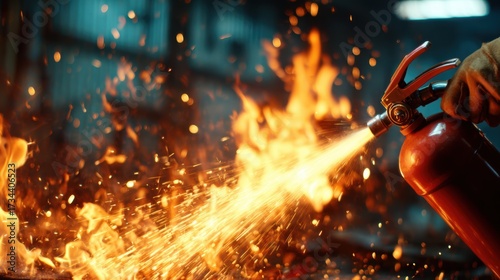 A fire extinguisher sprays foam in a dramatic fire scene, highlighting safety equipment in action during an industrial emergency with vibrant flames and sparks.