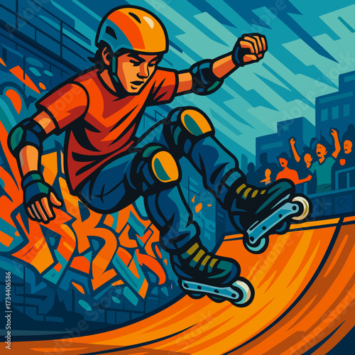 Dynamic illustration of a young skateboarder performing tricks at a skate park with graffiti background