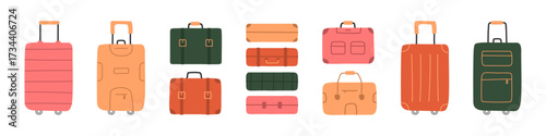 Baggage case set. Travel bag vector set. Luggage icon set. Cartoon baggage sign. Hand-drawn luggage bag.
