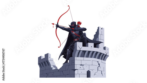 Archer on Tower: A detailed illustration depicting an archer, poised on a fortified tower, aiming with a bow, evoking themes of defense, strategy, and medieval fantasy.