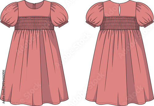 Kids smocked dress, puff sleeve baby dress, toddler fashion flat sketch, girls clothing design, vector CAD drawing, sewing pattern illustration